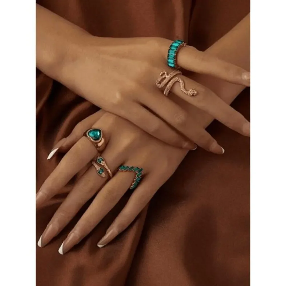 Gold Emerald Gothic Punk Snake Stackable Ring Set - 5 Piece - Picture 3 of 7